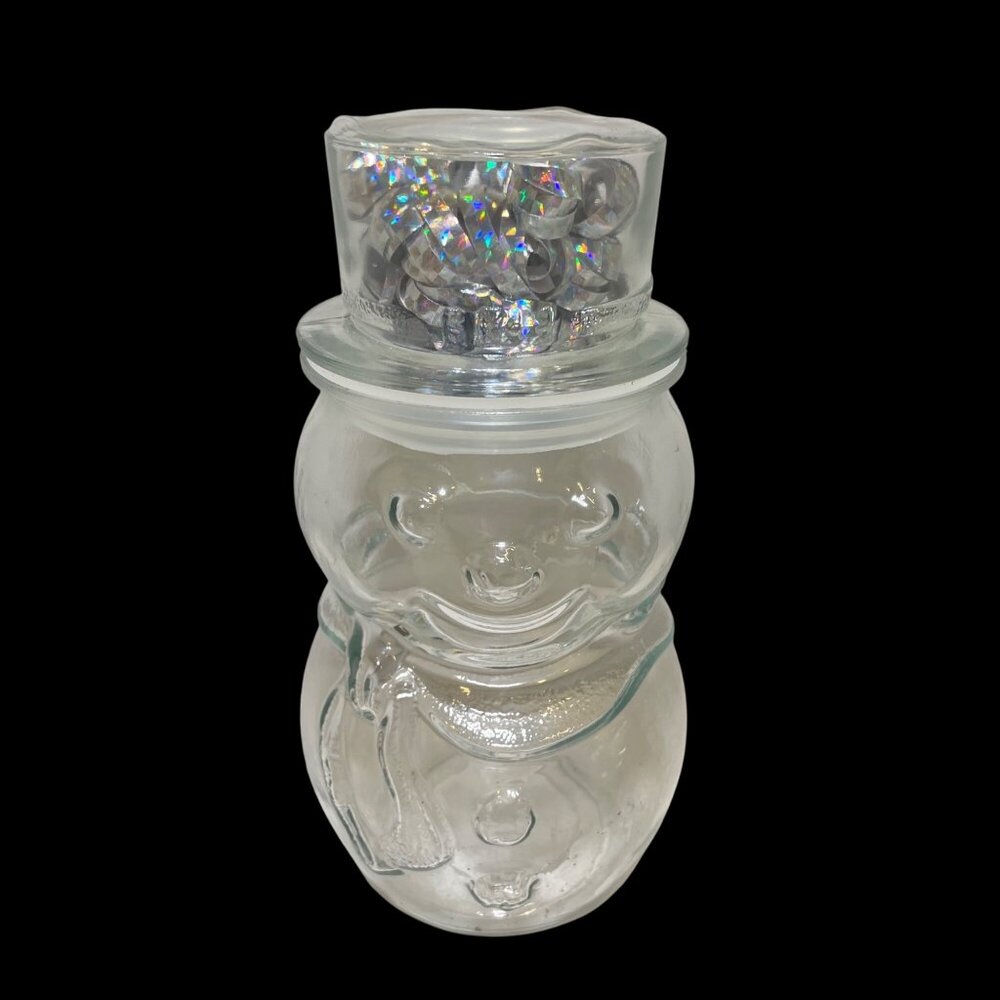 Snowman-Shaped Glass Jar with Lid & Glitter Contents 8" Tall Holiday Decor Clear